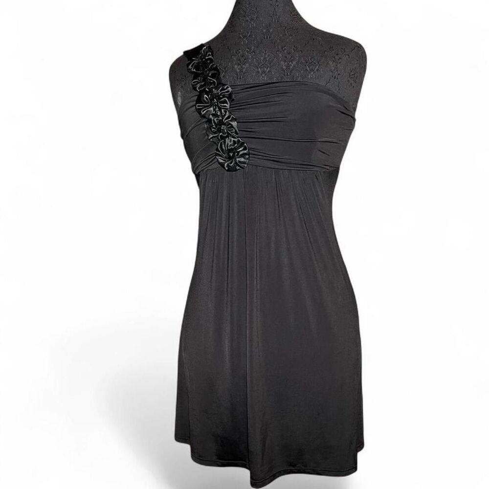 Vtg Taboo Black One Strap Shoulder Midi Dress Flower Grunge Goth Beads sz medium
